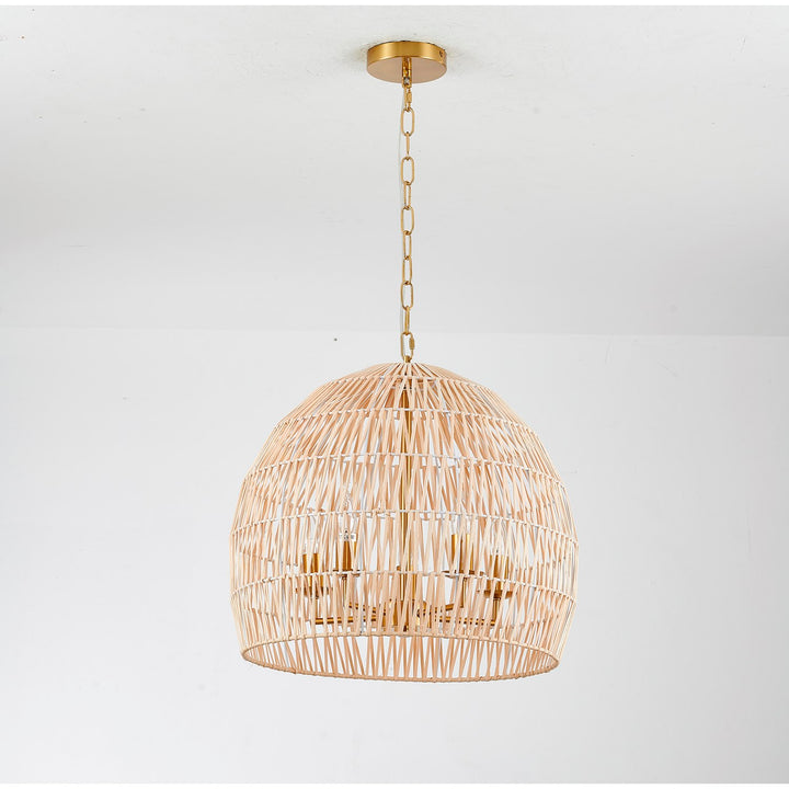 5-Light Brass Chandelier With A Natural White Wood Vine Basket Shade
