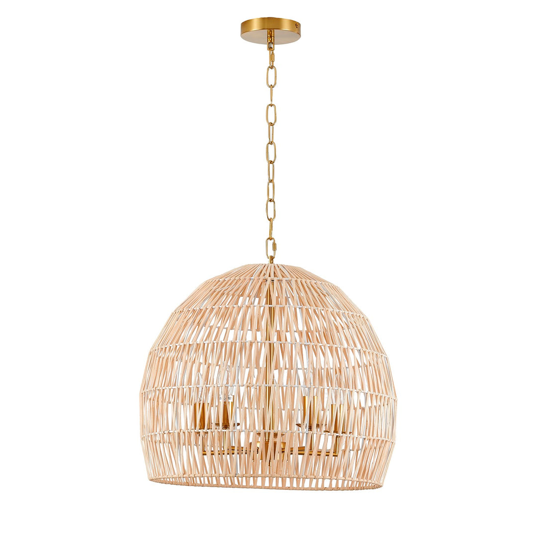 5-Light Brass Chandelier With A Natural White Wood Vine Basket Shade