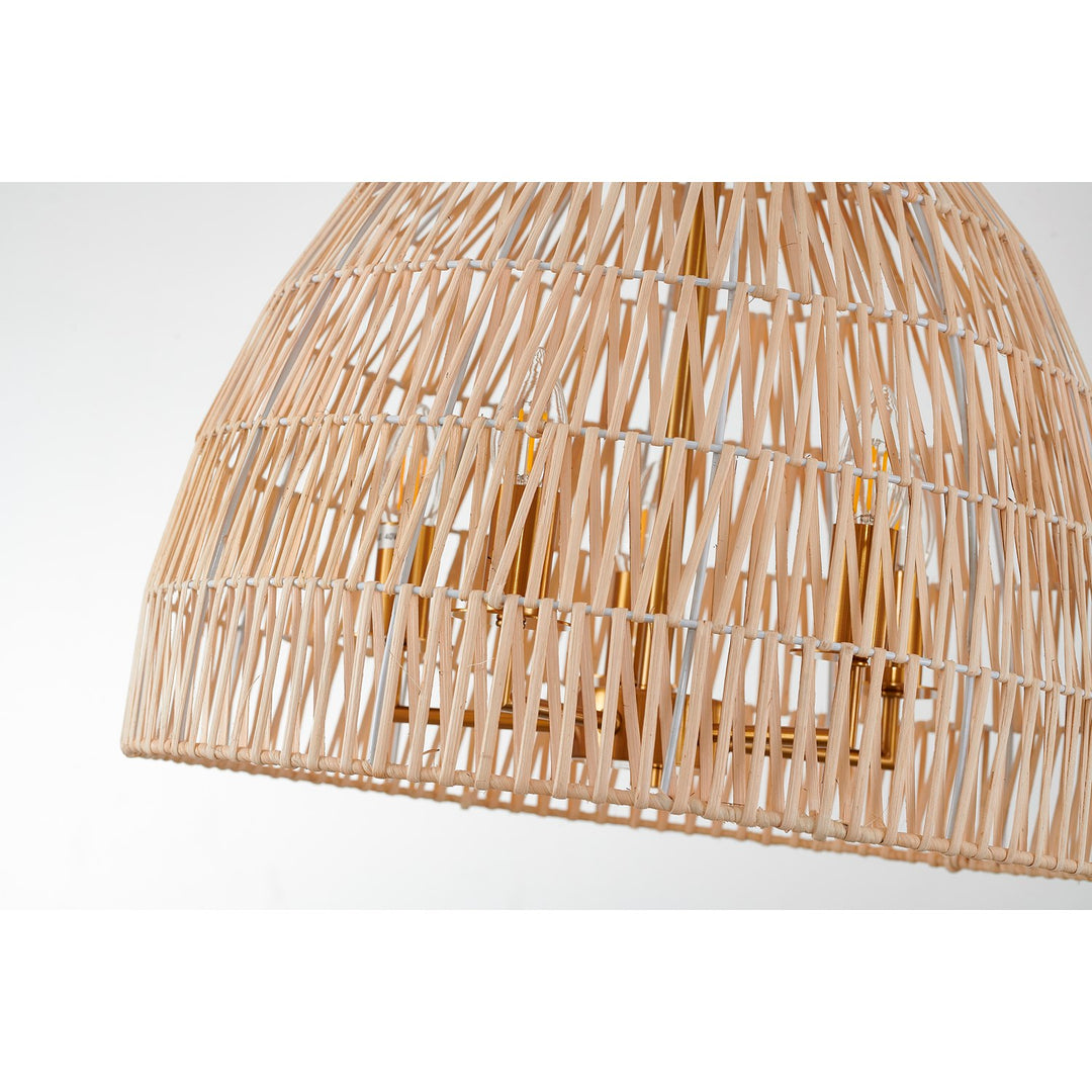 5-Light Brass Chandelier With A Natural White Wood Vine Basket Shade