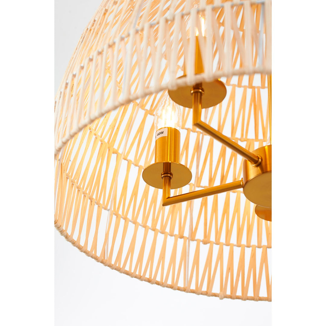 5-Light Brass Chandelier With A Natural White Wood Vine Basket Shade