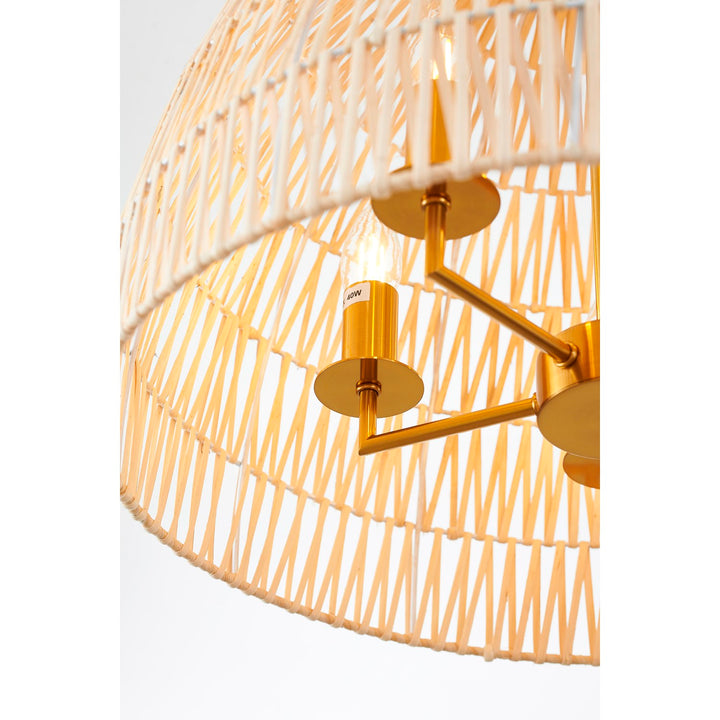 5-Light Brass Chandelier With A Natural White Wood Vine Basket Shade