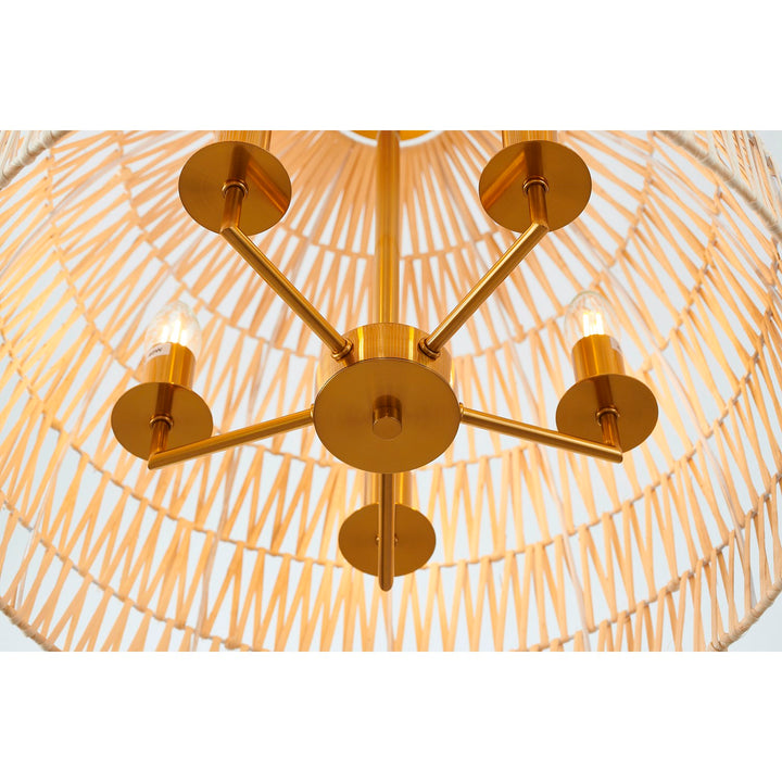 5-Light Brass Chandelier With A Natural White Wood Vine Basket Shade