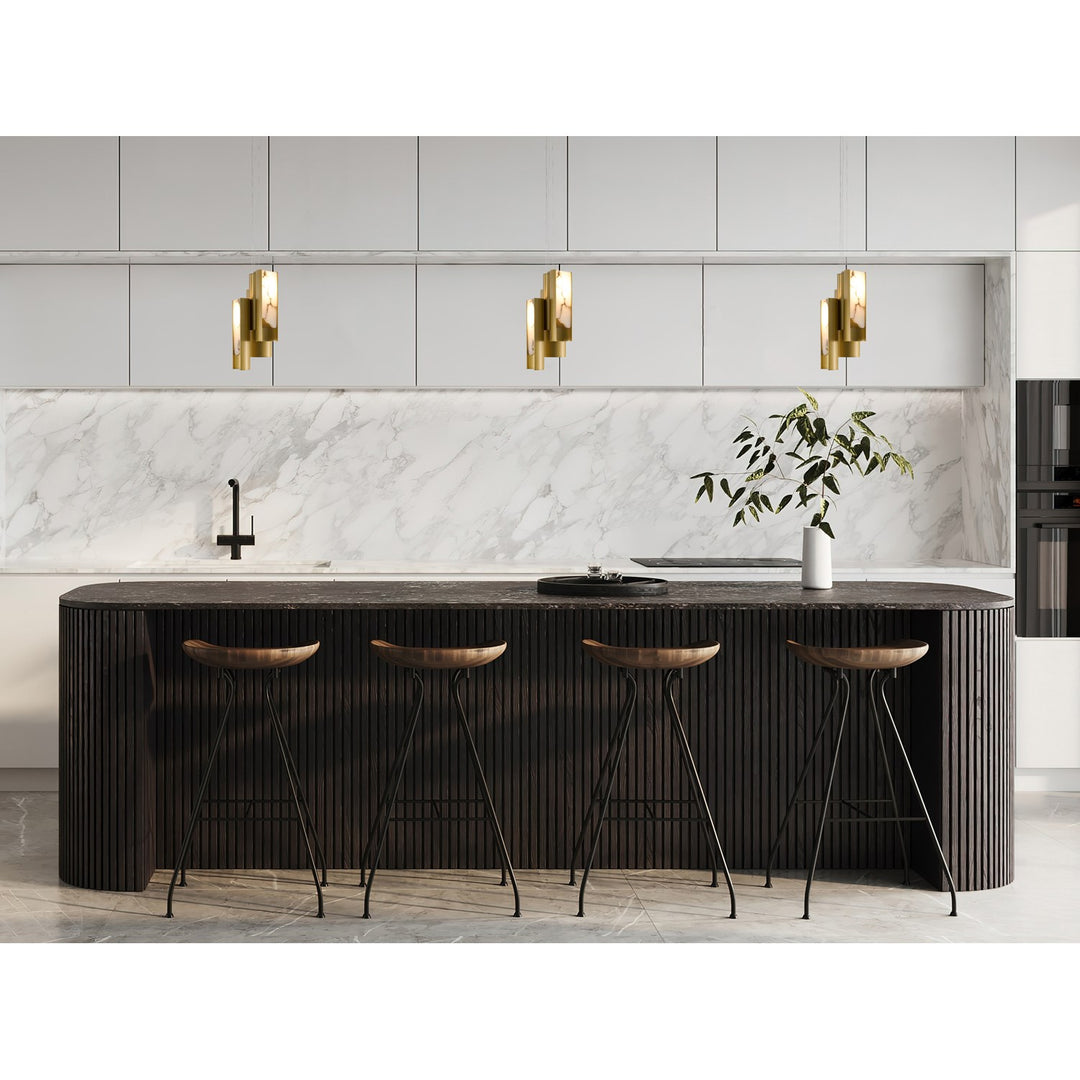 3-Light Satin Brass Aluminum Led Pendant With White Alabaster Accents