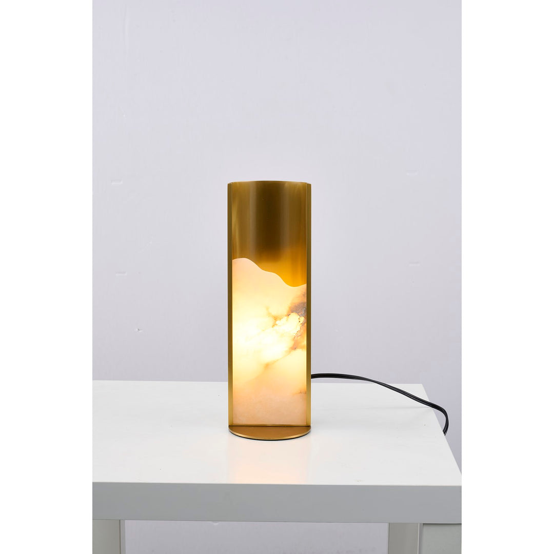 1-Light Stain Brass Aluminum Table Lamp With A White Alabaster