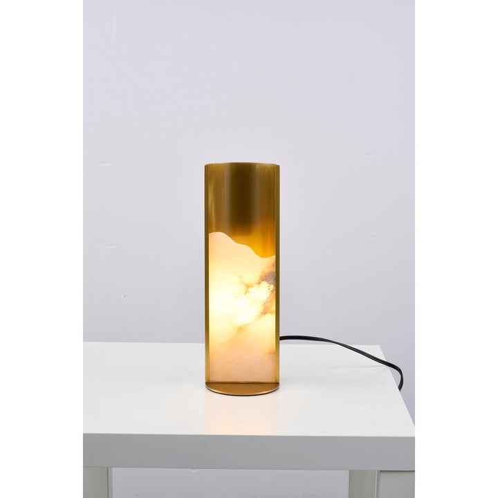 1-Light Stain Brass Aluminum Table Lamp With A White Alabaster