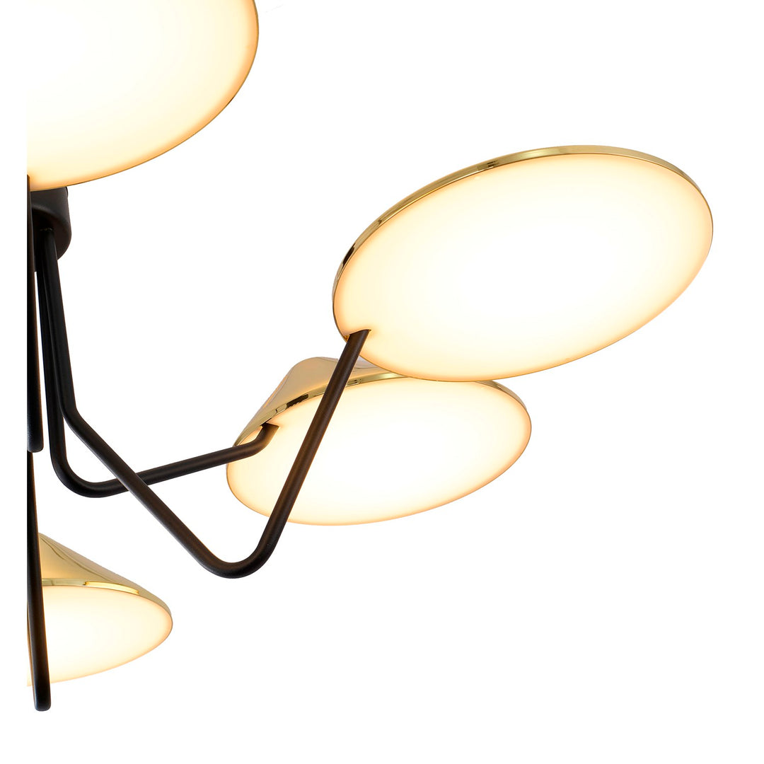 6-Light Black And Shiny Brass Iron Led Chandelier With White Acrylic Shades