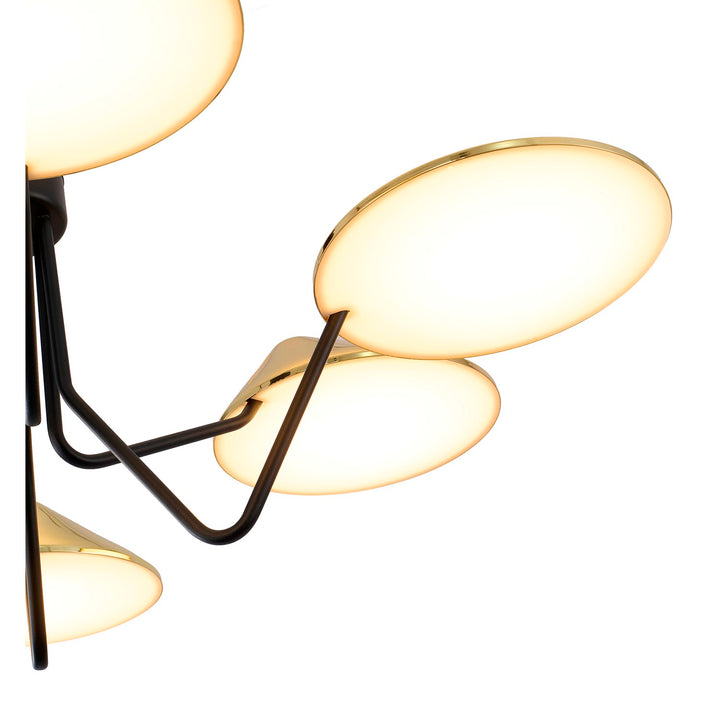 6-Light Black And Shiny Brass Iron Led Chandelier With White Acrylic Shades