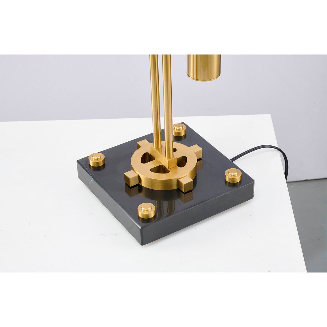 1-Light Brass Iron Led Table Lamp With A Shade And A Black Alabaster Base