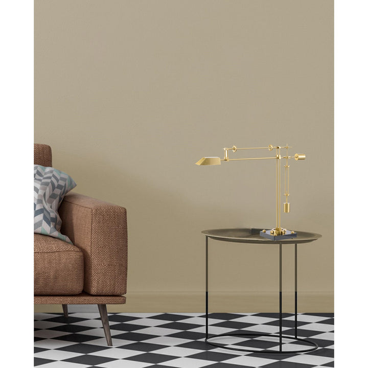 1-Light Brass Iron Led Table Lamp With A Shade And A Black Alabaster Base