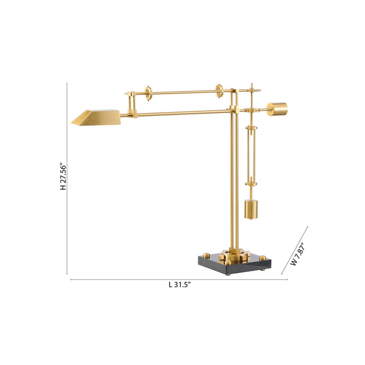 1-Light Brass Iron Led Table Lamp With A Shade And A Black Alabaster Base