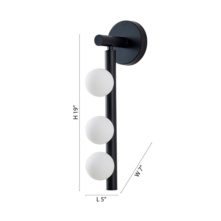 3-Light Matte Black Metal Wall Sconce With Whtie Glass Shades