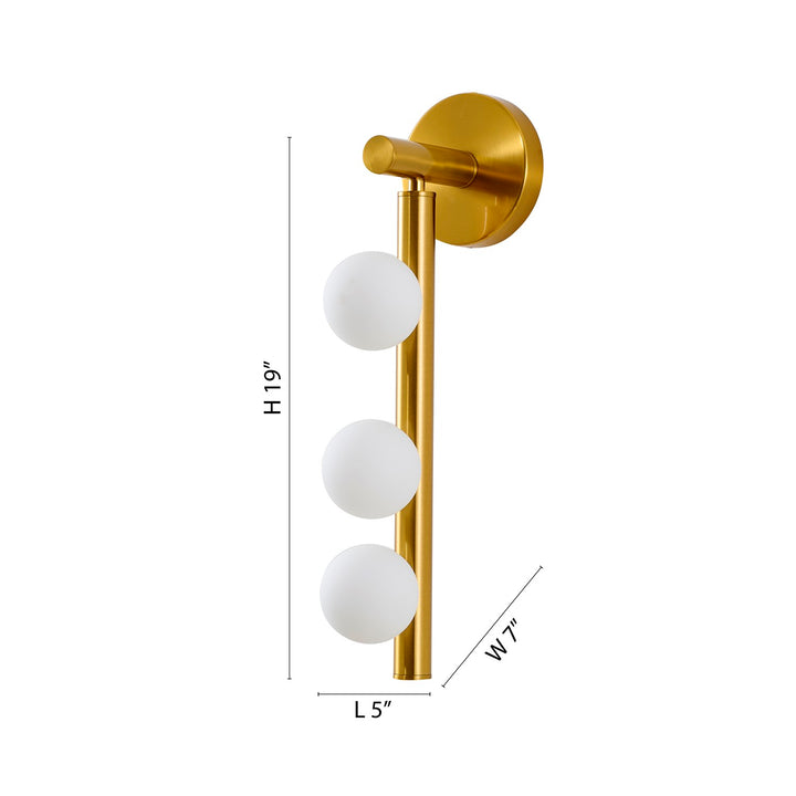 3-Light Satin Brass Metal Wall Sconce With Whtie Glass Shades
