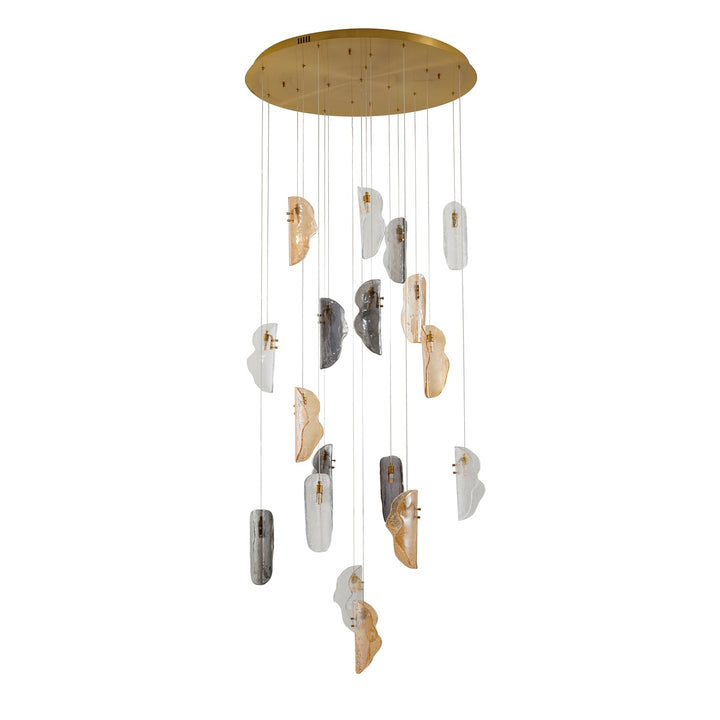 18-Light Brass Chandelier With Clear, Smoke, And Amber Glass Accents