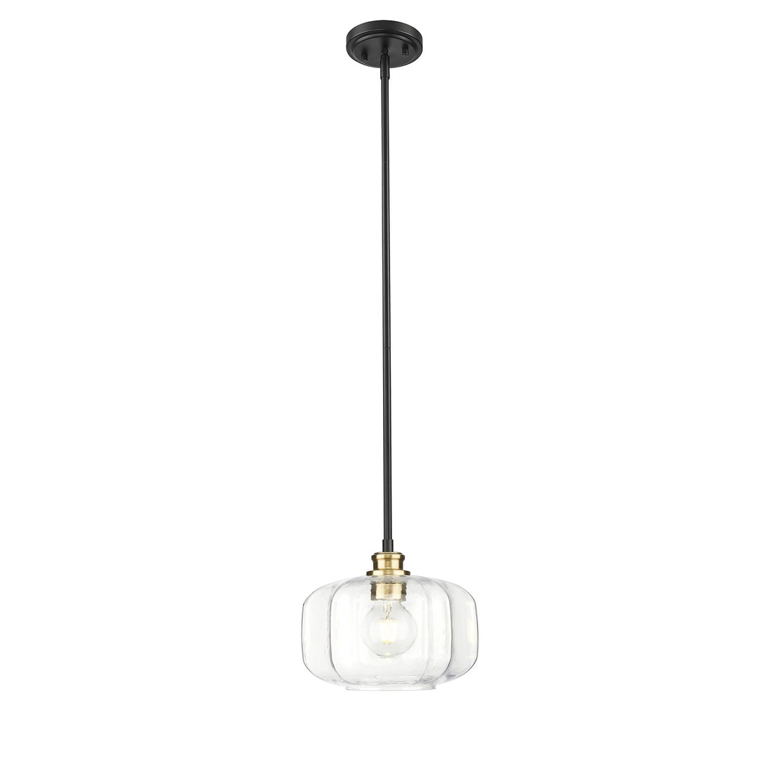 10 In. Matte Black And Brass 1-Light Pendant With Clear Glass Globe