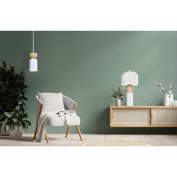 Table Lamp In Matte White & Faux Wood Finish