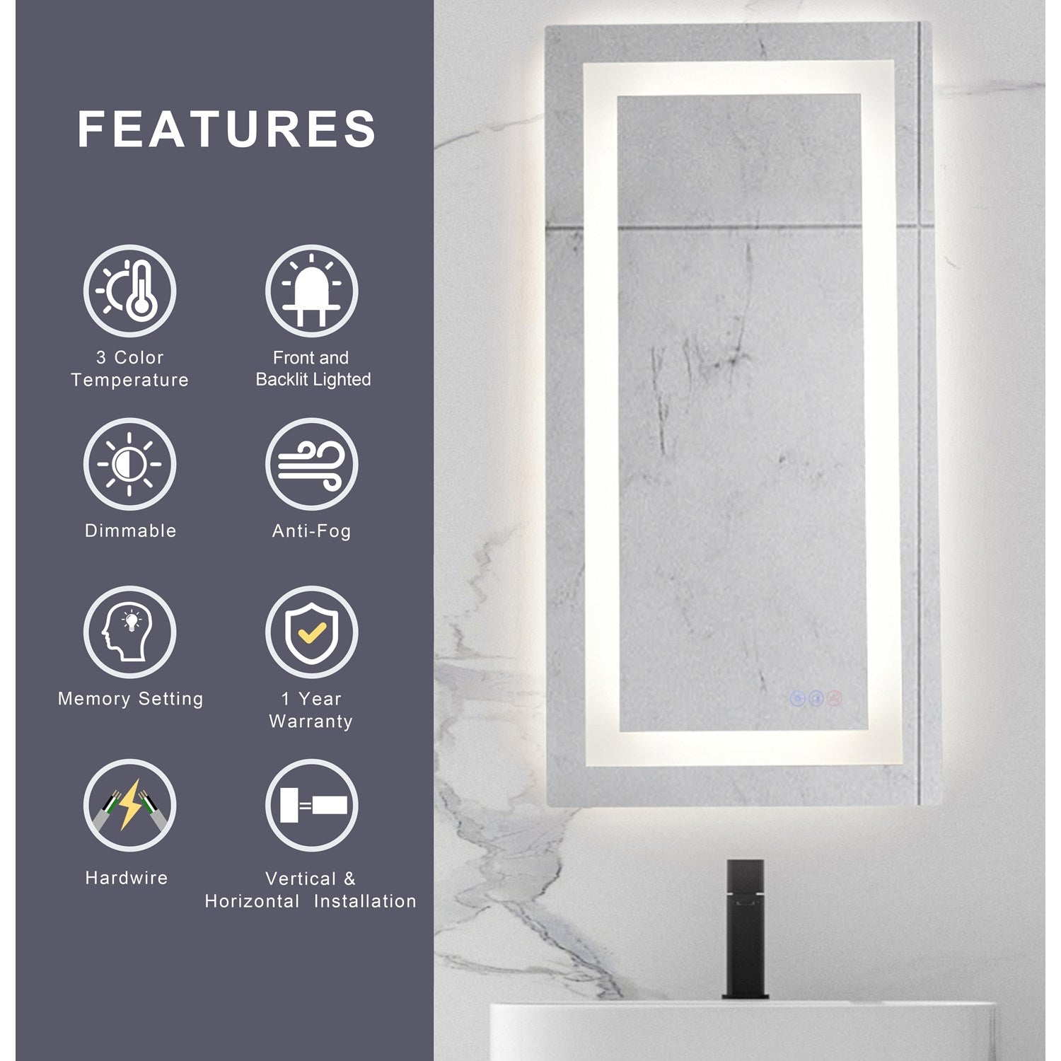 30X24 Led Mirror, Adjustable Color 3000K/4200K/6400K