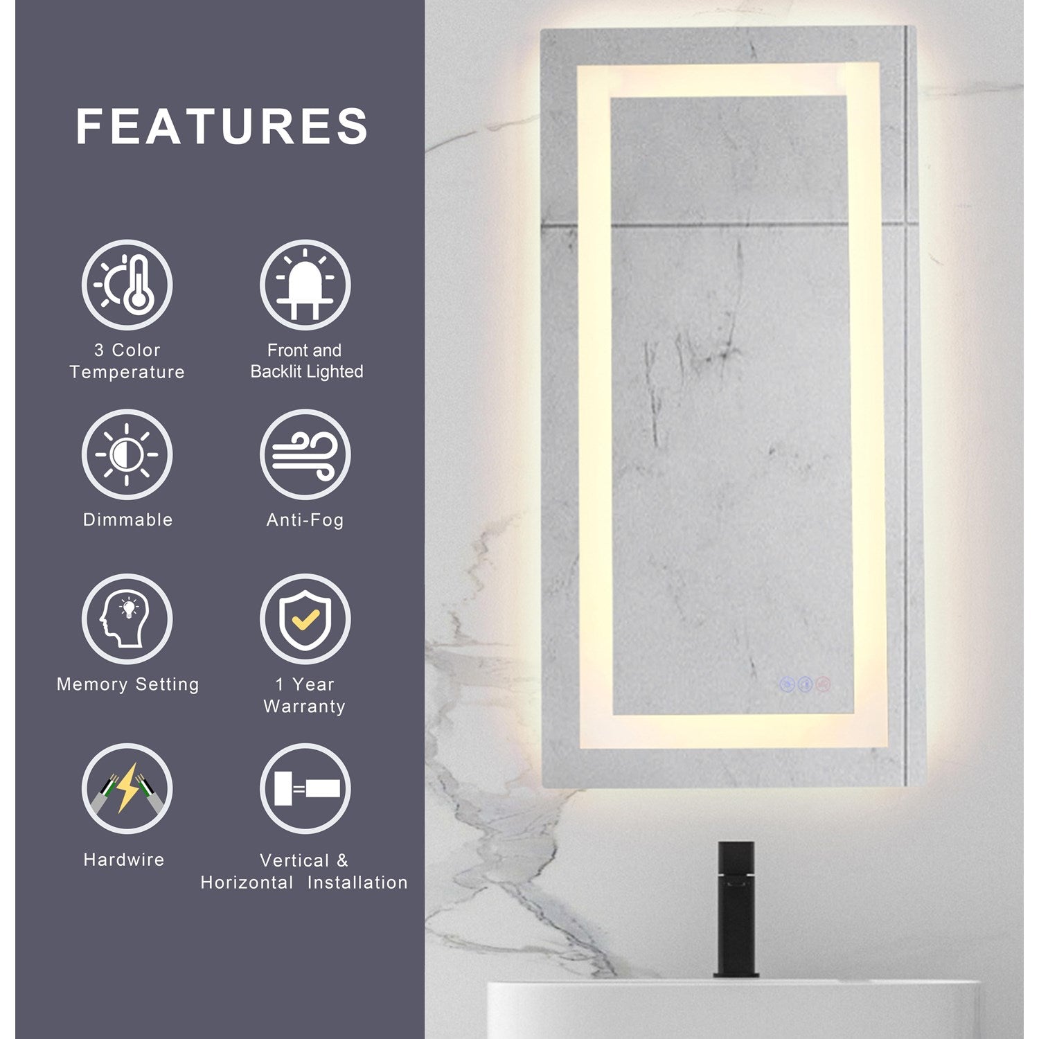 40X27 Led Mirror, Adjustable Color 3000K/4200K/6400K
