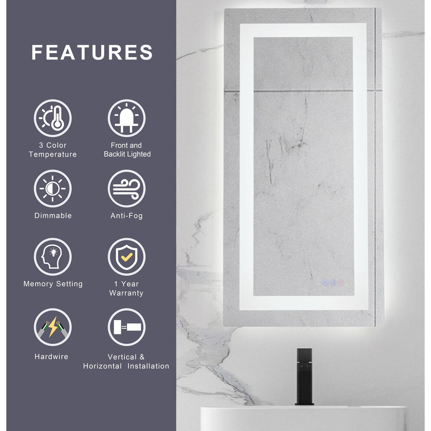 48X30 Led Mirror, Adjustable Color 3000K/4200K/6400K
