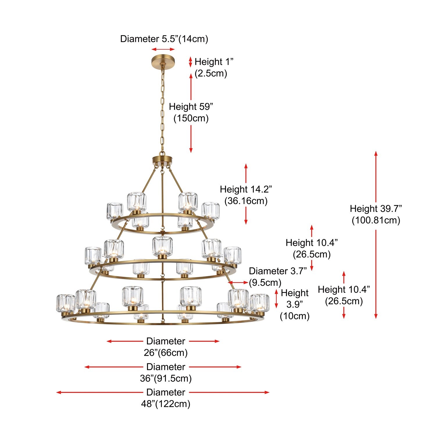 48 Inch Three-Tier Chandelier In Satin Gold