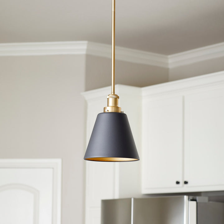 8" Cone Pendantd - Textured Black/Aged Brass