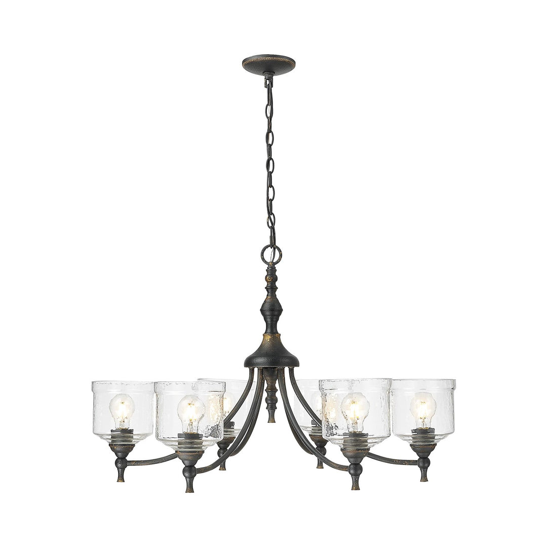 6 Light Chandelier In Antique Black Iron With Hammered Water Glass Shade by Golden