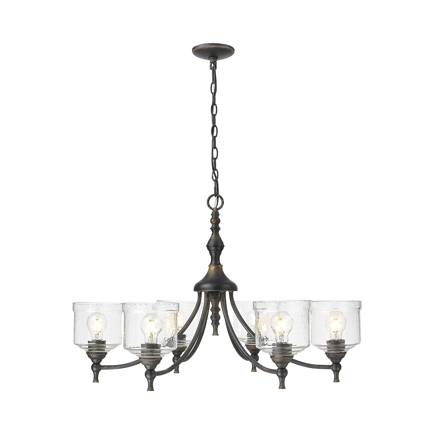 6 Light Chandelier In Antique Black Iron With Hammered Water Glass Shade by Golden