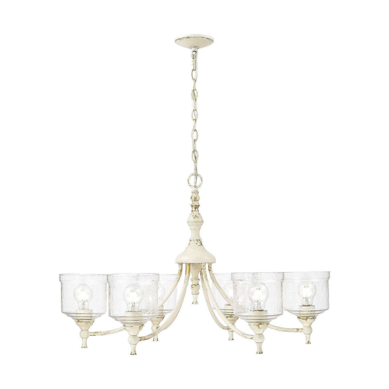 6 Light Chandelier In Antique Ivory With Hammered Water Glass Shade by Golden