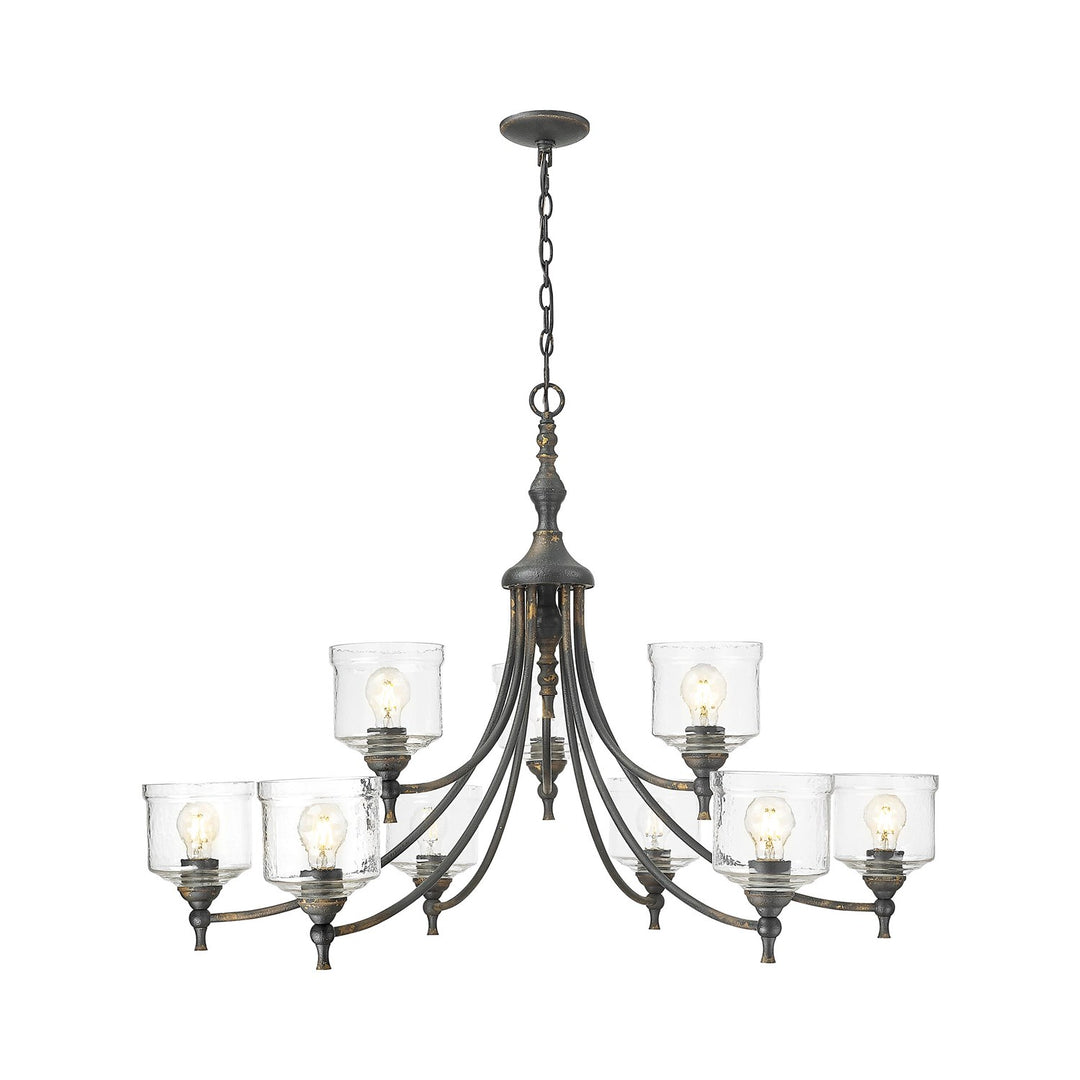 9 Light Chandelier In Antique Black Iron With Hammered Water Glass Shade by Golden