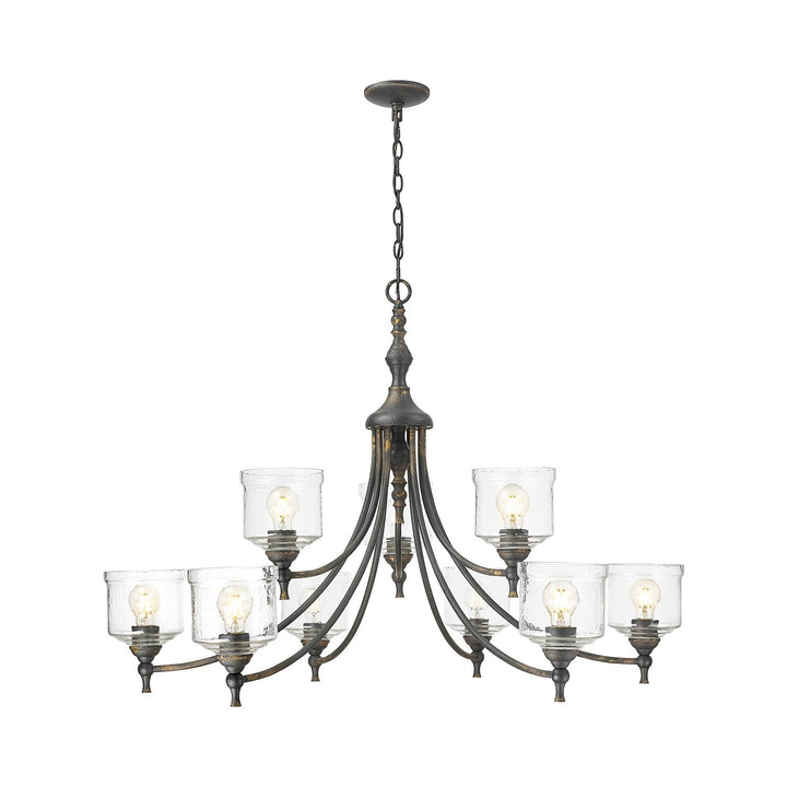 9 Light Chandelier In Antique Black Iron With Hammered Water Glass Shade by Golden