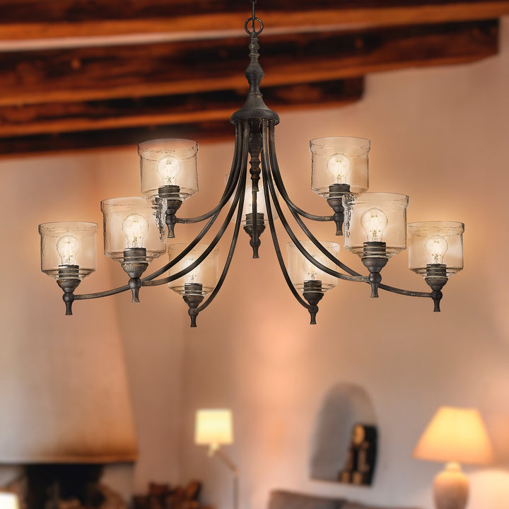 9 Light Chandelier In Antique Black Iron With Hammered Water Glass Shade