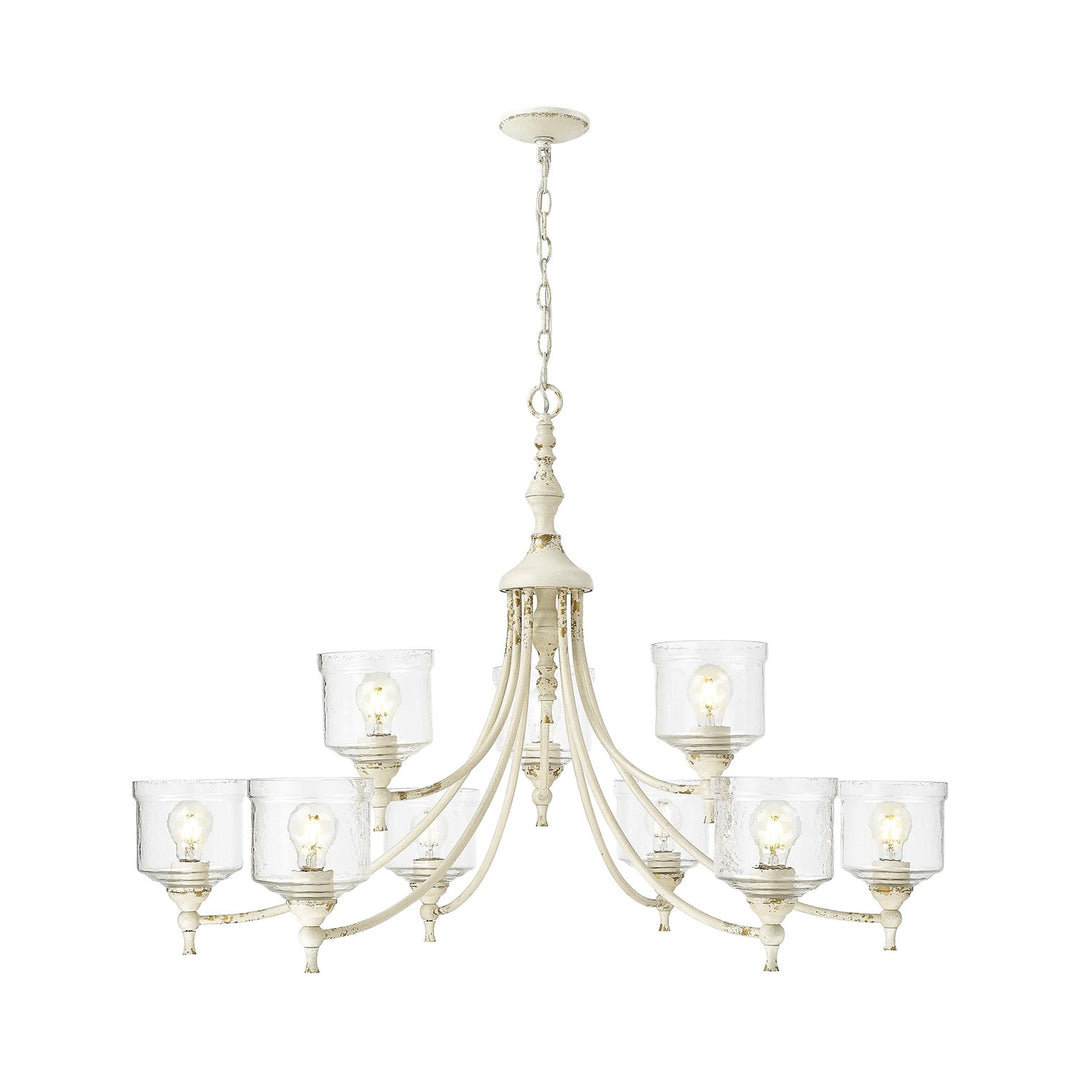 9 Light Chandelier In Antique Ivory With Hammered Water Glass Shade by Golden