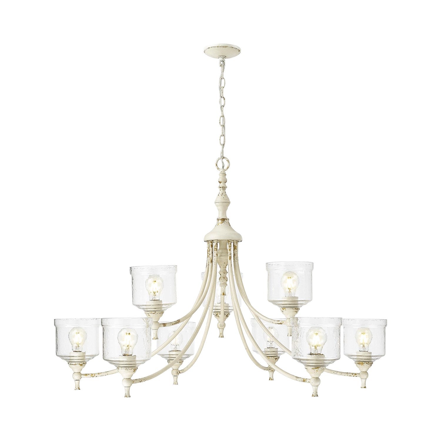 9 Light Chandelier In Antique Ivory With Hammered Water Glass Shade by Golden