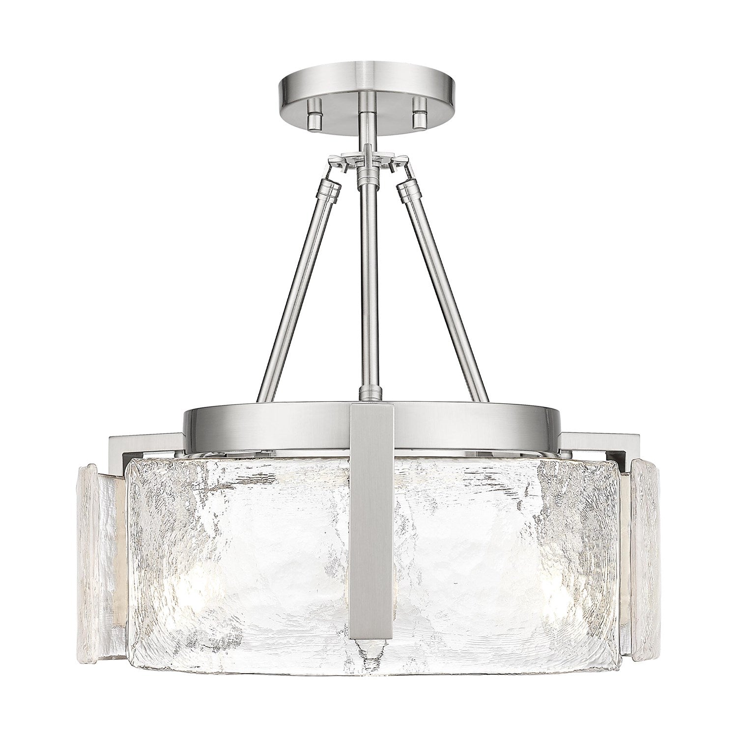 3-Light Semi-Flush In Pewter With Hammered Water Glass Shade by Golden
