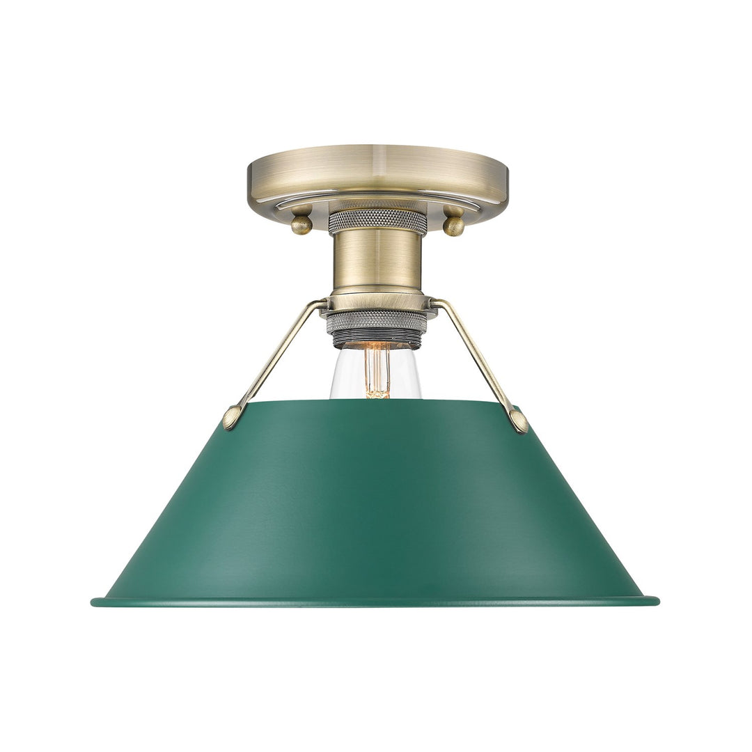 1-Light Flush Mount In Aged Brass With Pine Green by Golden