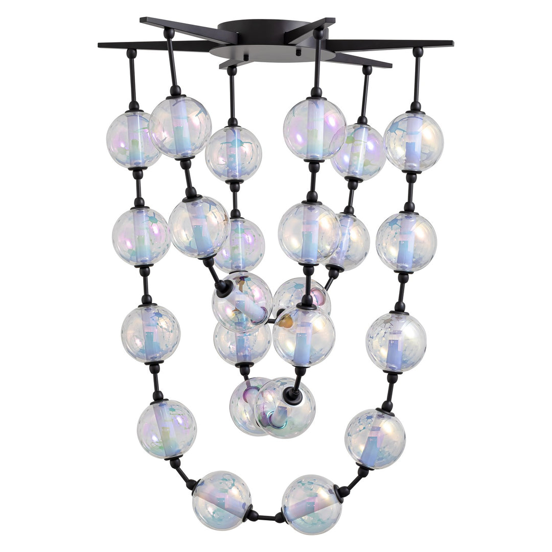 28" Led Pendant In Matte Black With Iridescent Glass Shade by Golden