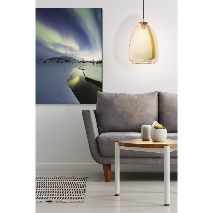 1 Light Pendant W/ Brushed Gold Finish & Metallic Amber Glass Shade