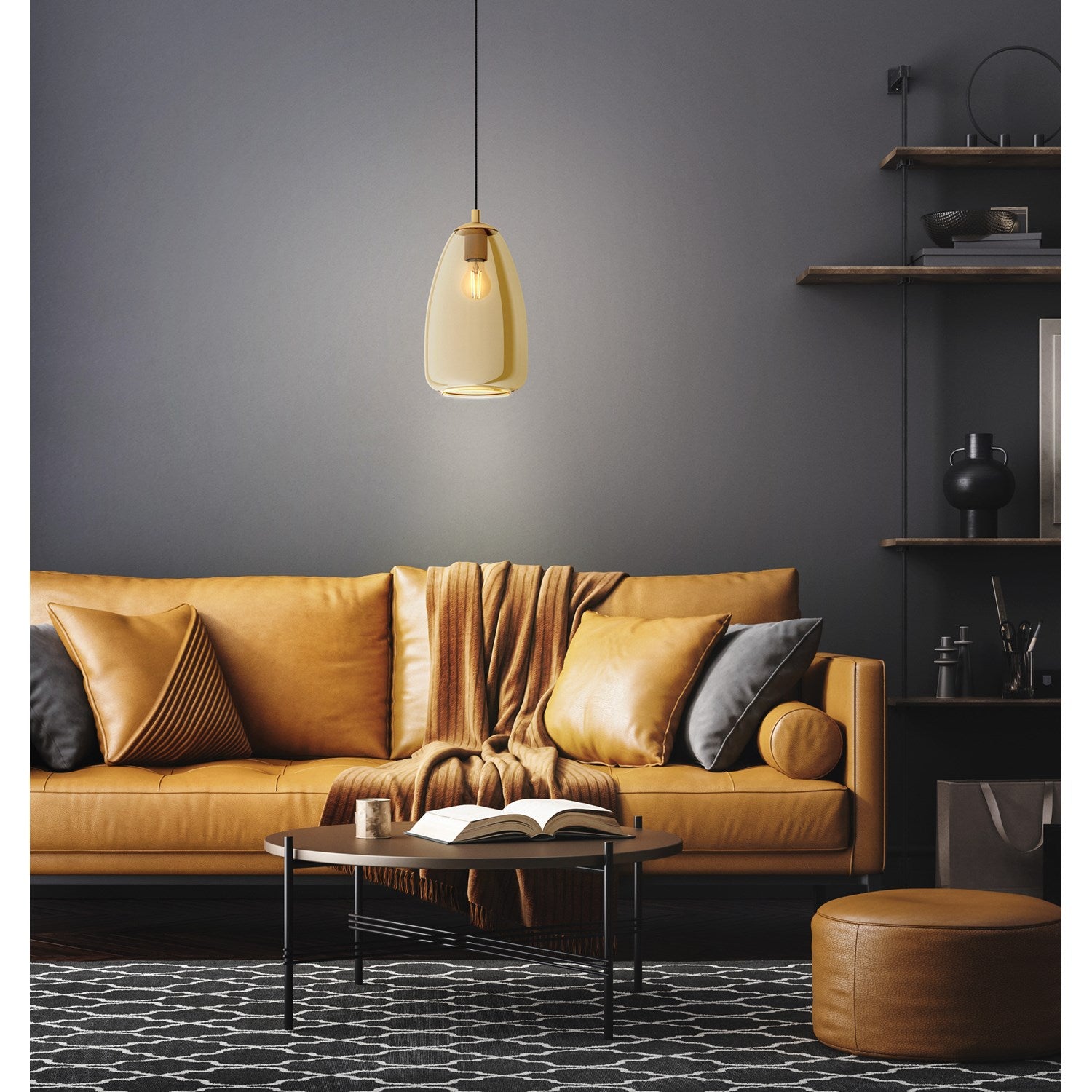 1 Light Pendant W/ Brushed Gold Finish & Metallic Amber Glass Shade
