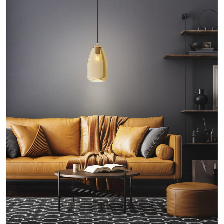 1 Light Pendant W/ Brushed Gold Finish & Metallic Amber Glass Shade