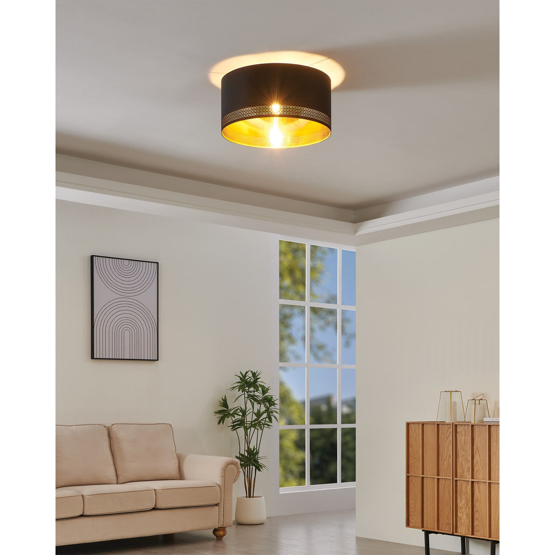 1 Light Drum Ceiling Light W/ Black & Gold Interior Fabric Shade