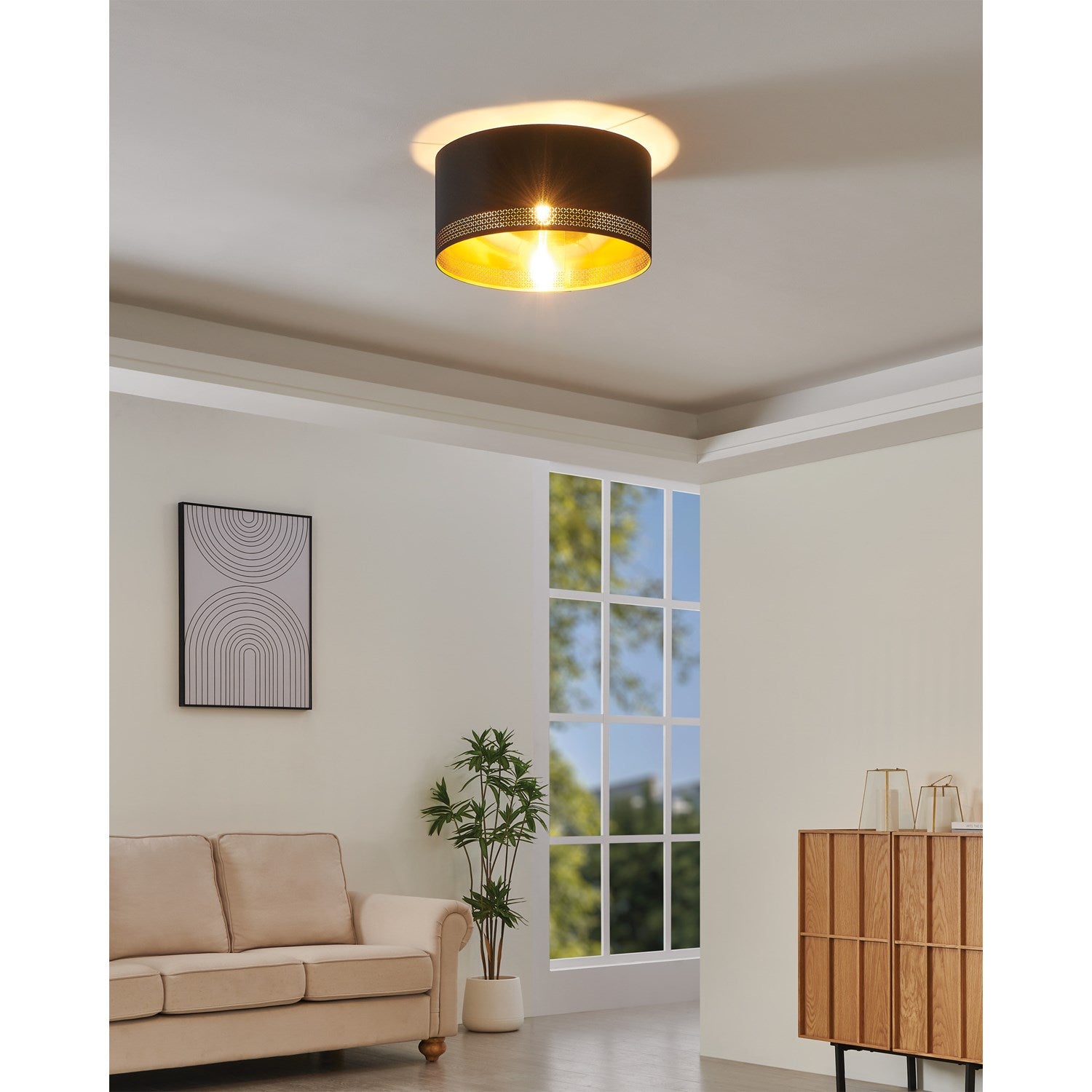 1 Light Drum Ceiling Light W/ Black & Gold Interior Fabric Shade