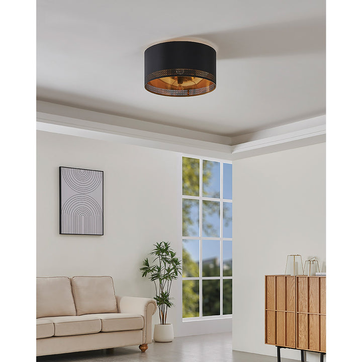 1 Light Drum Ceiling Light W/ Black & Gold Interior Fabric Shade