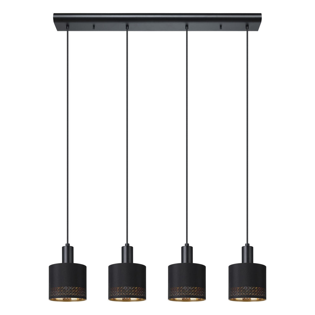 4 Light Linear Pendant W/ Black Finish & Black W/ Gold Interior Fabric Shades by Eglo