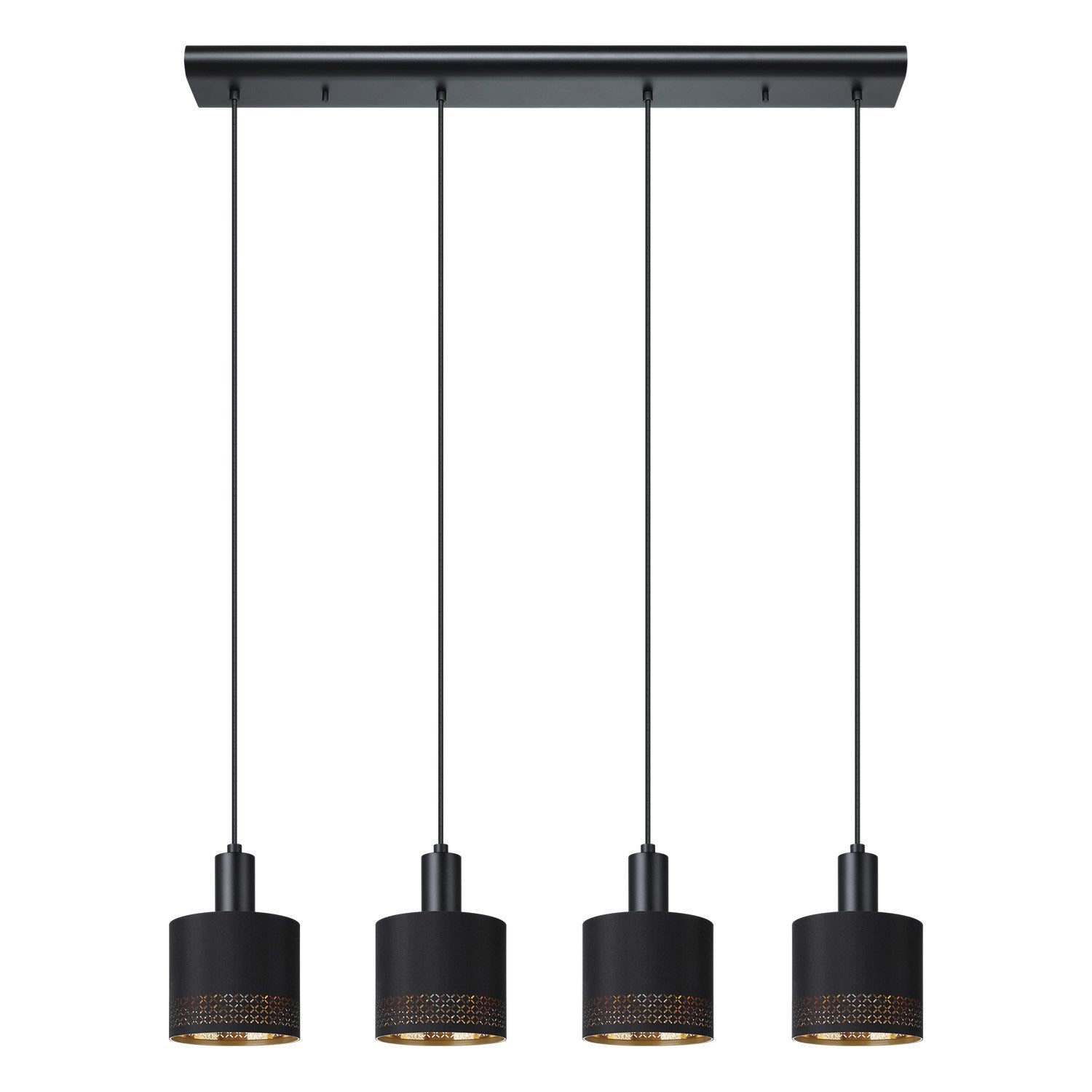 4 Light Linear Pendant W/ Black Finish & Black W/ Gold Interior Fabric Shades by Eglo
