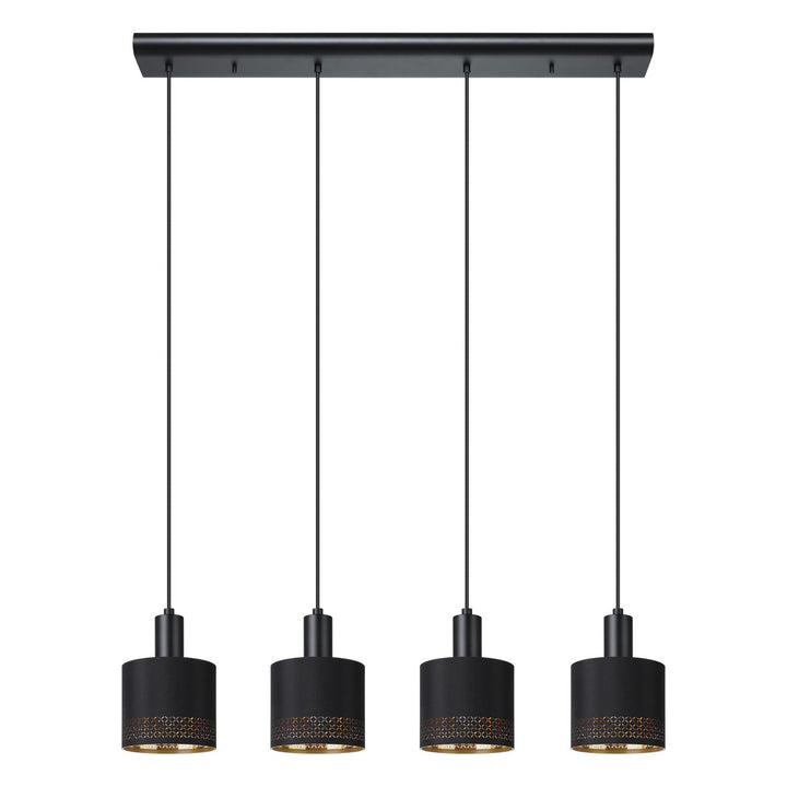 4 Light Linear Pendant W/ Black Finish & Black W/ Gold Interior Fabric Shades by Eglo