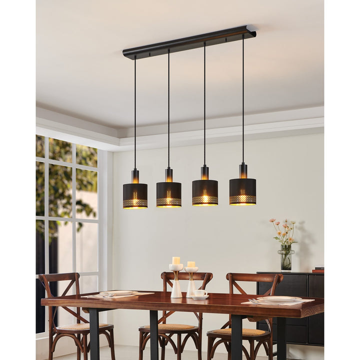 4 Light Linear Pendant W/ Black Finish & Black W/ Gold Interior Fabric Shades