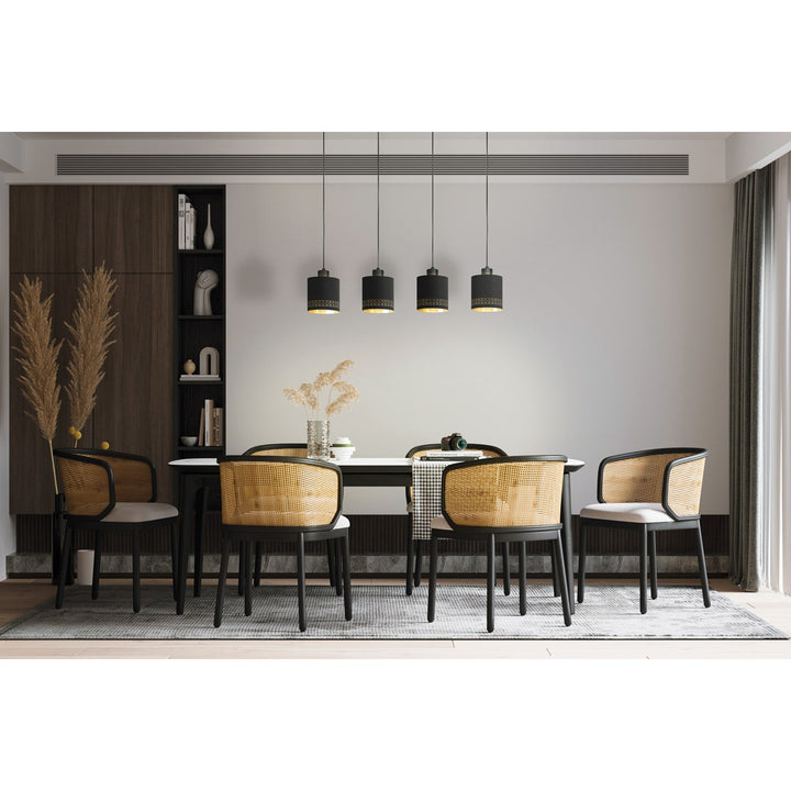 4 Light Linear Pendant W/ Black Finish & Black W/ Gold Interior Fabric Shades