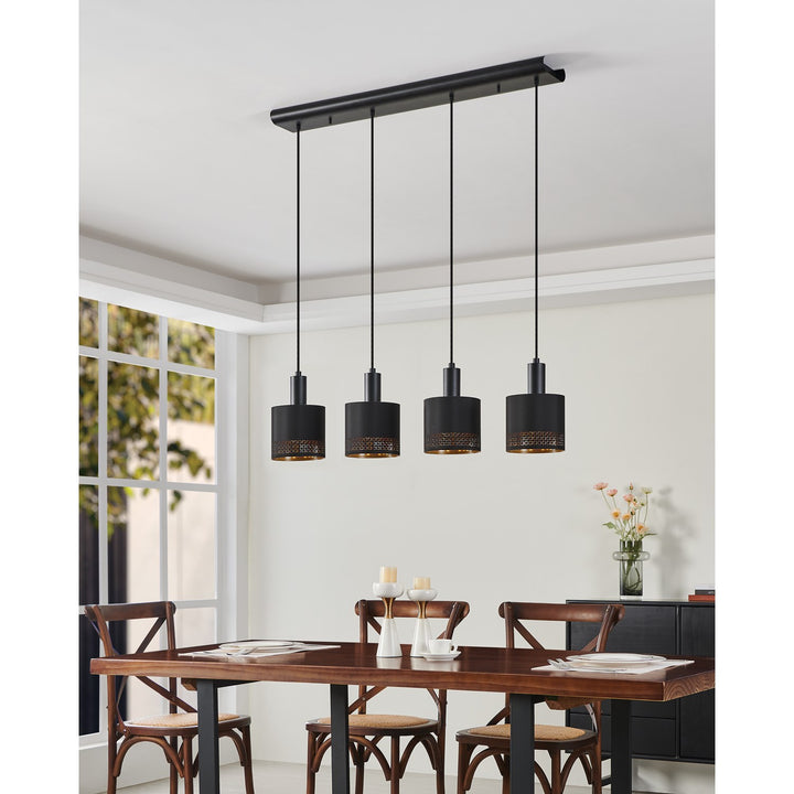 4 Light Linear Pendant W/ Black Finish & Black W/ Gold Interior Fabric Shades