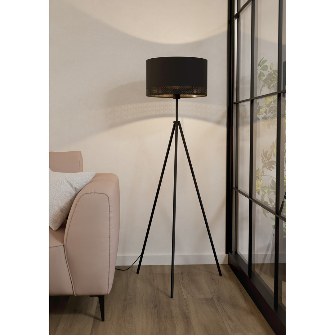 1 Light Tripod Floor Lamp W/ Black Finish & Black W/ Gold Interior Fabric Shade by Eglo