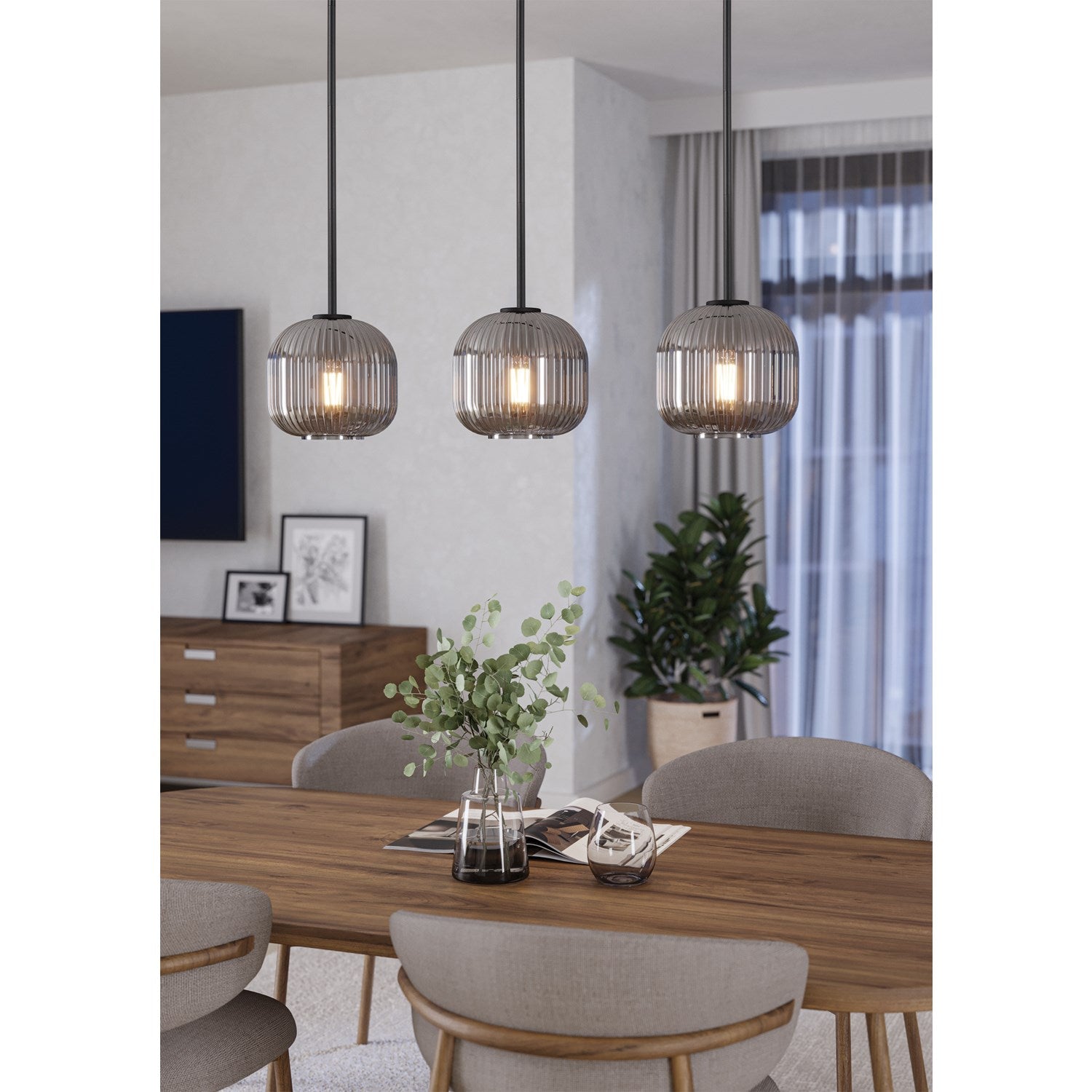 3 Light Linear Pendant W/ Black Finish & Chrome Smoked Glass Shades