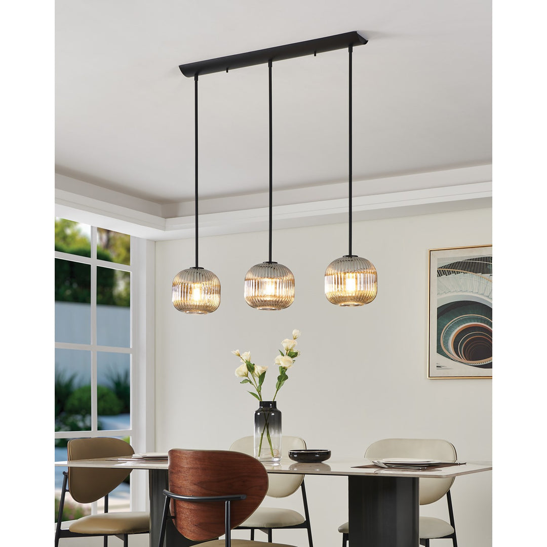 3 Light Linear Pendant W/ Black Finish & Chrome Smoked Glass Shades
